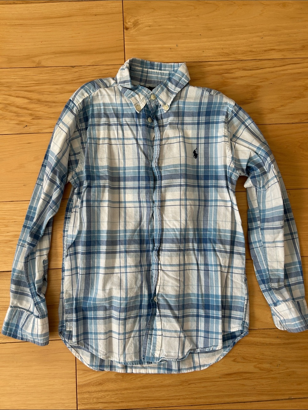 Ralph Lauren Boys’ Cotton Blue White Plaid Button-Down Shirt, Size 7